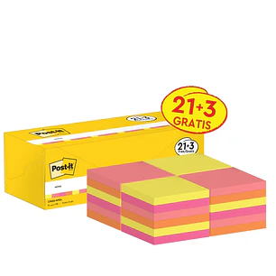 Post-It Pack de 24 Blocs de 100 Notas Adhesivas Reposicionables - Forma Cuadrada - 76x76mm - Colores Surtidos