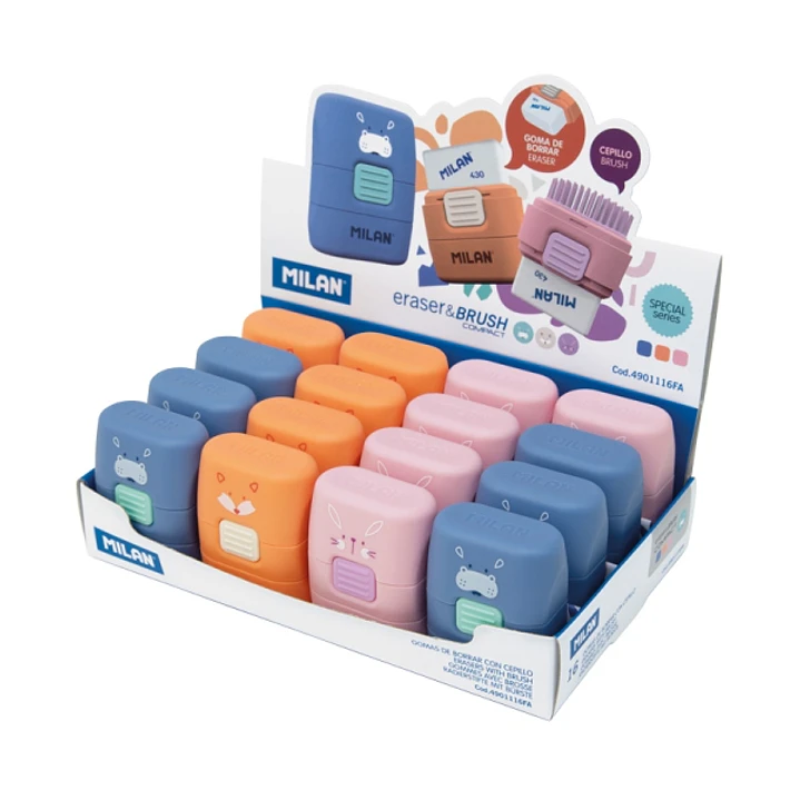 Milan Compact Fun Animals Expositor con 16 Gomas de Borrar con Cepillo - Colores Surtidos 1