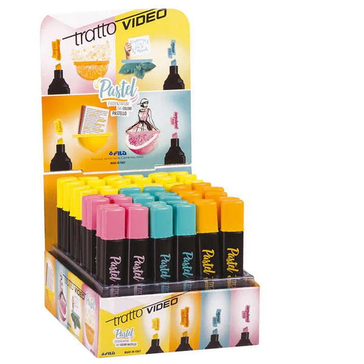 Tratto Video Pastel Expositor de 48 Marcadores Fluorescentes - Punta Biselada - Tinta al Agua - Secado Rapido - Colores Surtidos 1