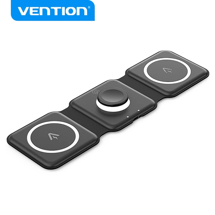 Vention FGG Plataforma de Carga Inalambrica 3 en 1 con MagSafe - Carga Rapida 15W - Luz Nocturna LED - Color Negro 1
