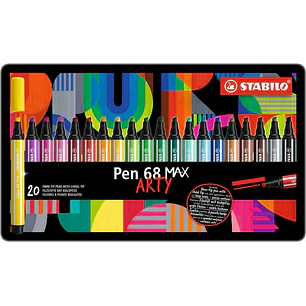 Stabilo Pen 68 MAX Arty Caja Metalica de 20 Rotuladores - Punta de Fibra Biselada - Trazo entre 1-5mm aprox. - Tinta a Base de Agua - Colores Surtidos