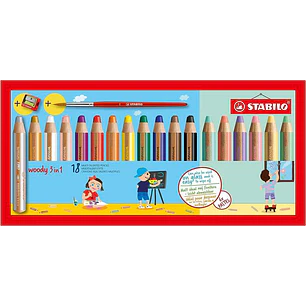 Stabilo Woody 3 en 1 Pack de 18 Lapices de Colores Incluidos Pastel + Sacapuntas + Pincel Nº 8 - Lapiz de Color, Cera y Acuarela, Todo en Uno - Mina X