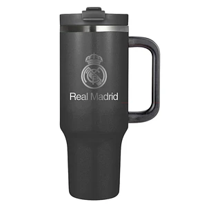Safta Real Madrid Vaso con Asa Termico - Capacidad 1.2L - Pajita con Varilla de Limpieza - Revestimiento Interior de Cobre - Tapa Antifugas - 12h Cali