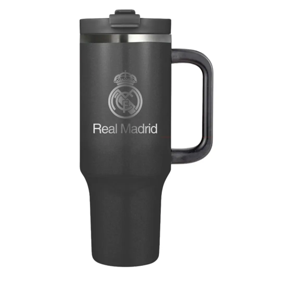 Safta Real Madrid Vaso con Asa Termico - Capacidad 1.2L - Pajita con Varilla de Limpieza - Revestimiento Interior de Cobre - Tapa Antifugas - 12h Cali 1