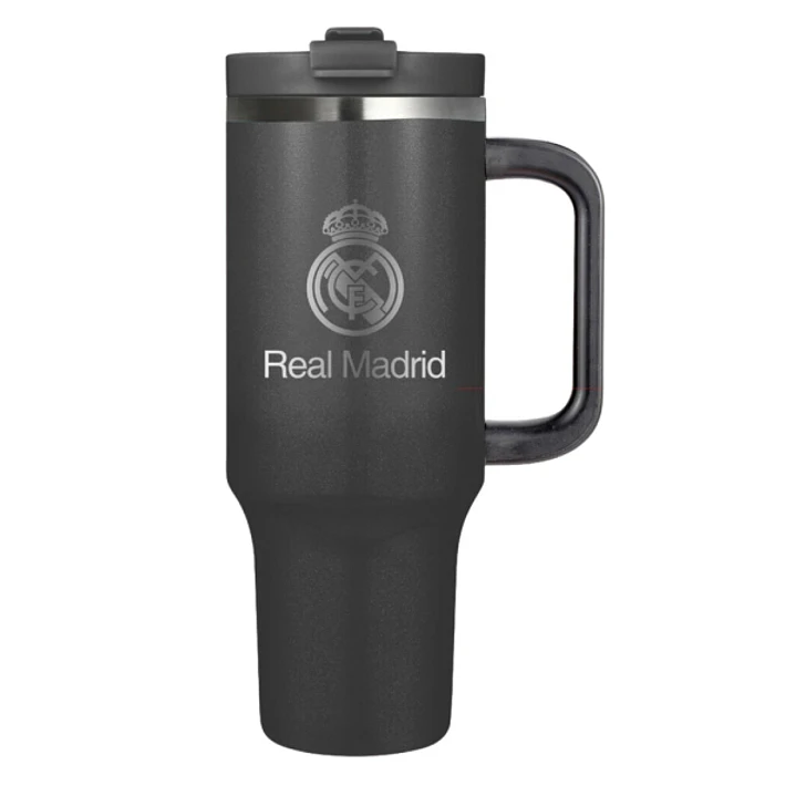 Safta Real Madrid Vaso con Asa Termico - Capacidad 1.2L - Pajita con Varilla de Limpieza - Revestimiento Interior de Cobre - Tapa Antifugas - 12h Cali 1