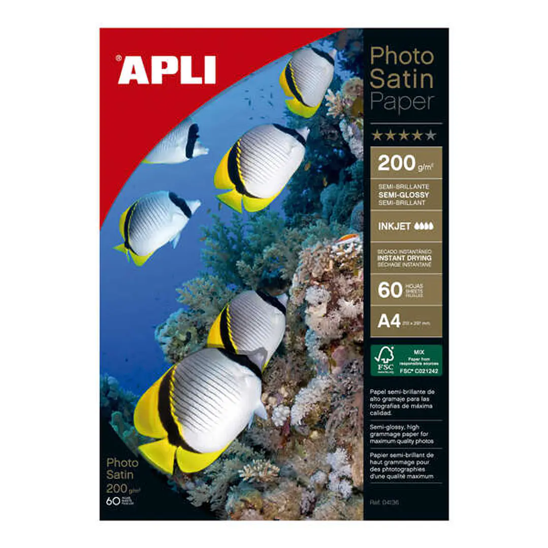 Apli Photosatin Pack de 60 Hojas de Papel Fotografico A4 200gr - Acabado Semibrillante - Apto para Impresoras Inkjet 1
