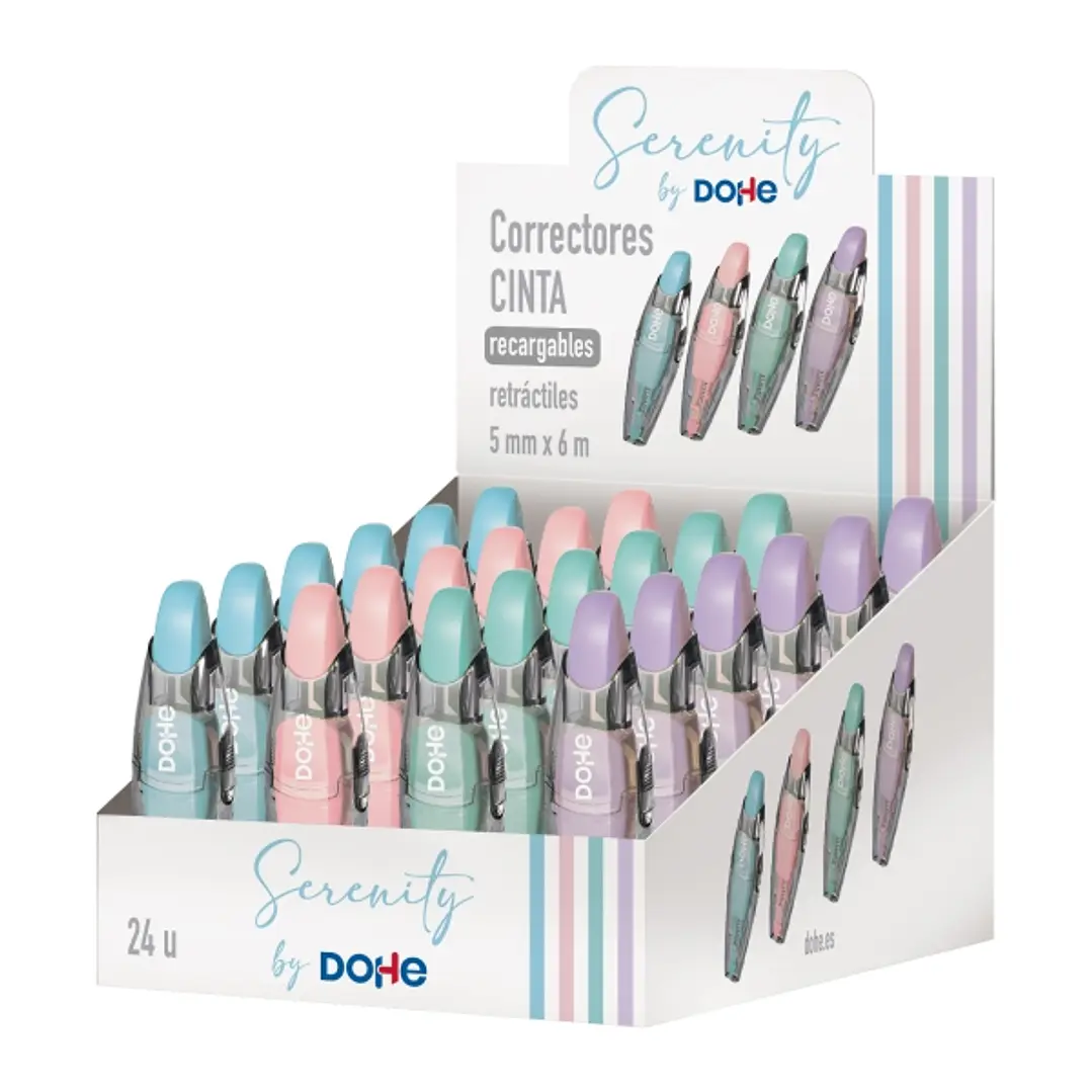 Dohe Serenity Expositor con 24 Cintas Correctoras - 5mm x 6m - Pulsador Retractil - Recargable - Cuerpo Ergonomico - Colores Surtidos 1
