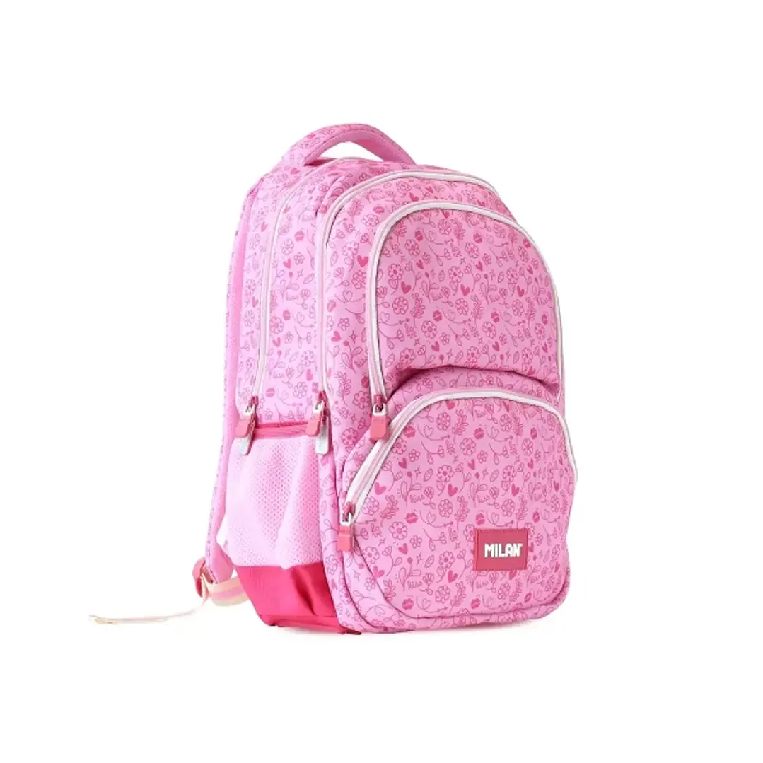 Milan Pink Flowers Mochila Escolar 25L - 3 Bolsillos Delanteros + 2 Bolsillos Laterales - Asas Regulables y Acolchadas - Tamaño 46,5x30x17cm - Color B 1