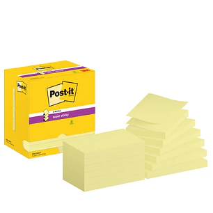 Post-It Super Sticky Pack de 12 Blocs de 90 Notas Adhesivas Reposicionables - Forma Rectangular - 76x127mm - en Zig-Zag - Color Amarillo Claro