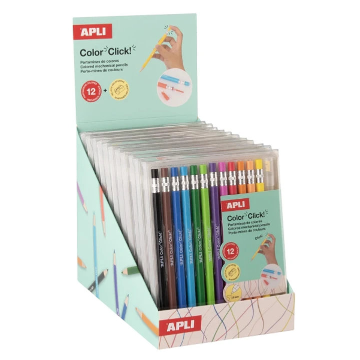 Apli Color Clik Expositor con 12 Packs de 12 Portaminas con Minas de Colores 2.6mm + 12 Recambios + 1 Sacapuntas - Forma Redonda - Colores Surtidos 1