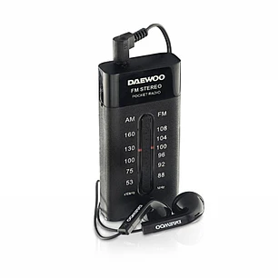 Daewoo Radio AM/FM - Alimentacion a Pilas - Jack 3.5mm - Sintonizacion Manual - Auriculares Incluidos - 95x70x30mm - Color Negro