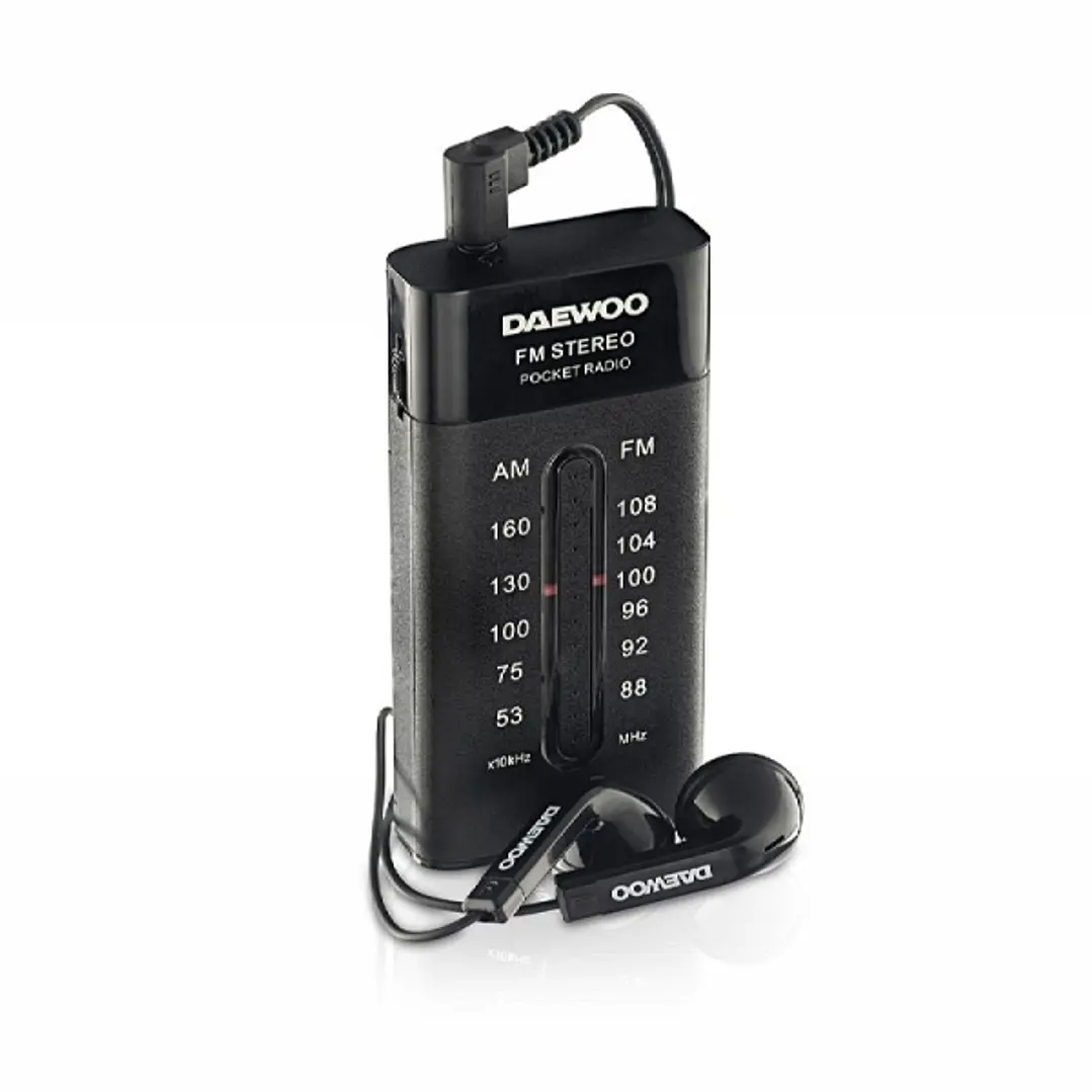 Daewoo Radio AM/FM - Alimentacion a Pilas - Jack 3.5mm - Sintonizacion Manual - Auriculares Incluidos - 95x70x30mm - Color Negro 1