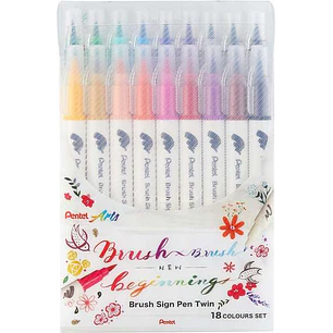 Pentel Brush Sing Pen Twin Pack de 18 Rotuladores con Doble Punta de Pincel Flexible - Punta Ancha 1-4mm, Punta Fina 0,2-2mm - Colores Surtidos