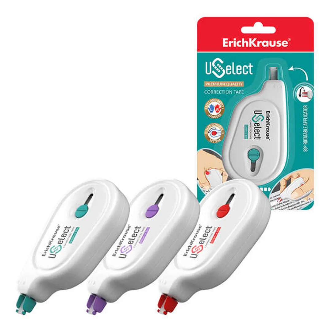 Erichkrause Cinta Correctora Uselect - Adecuada para Uso Ambidiestro - Aplicador Giratorio - Control de Cinta - Secado Inmediato - Color/Diseño Variad 1