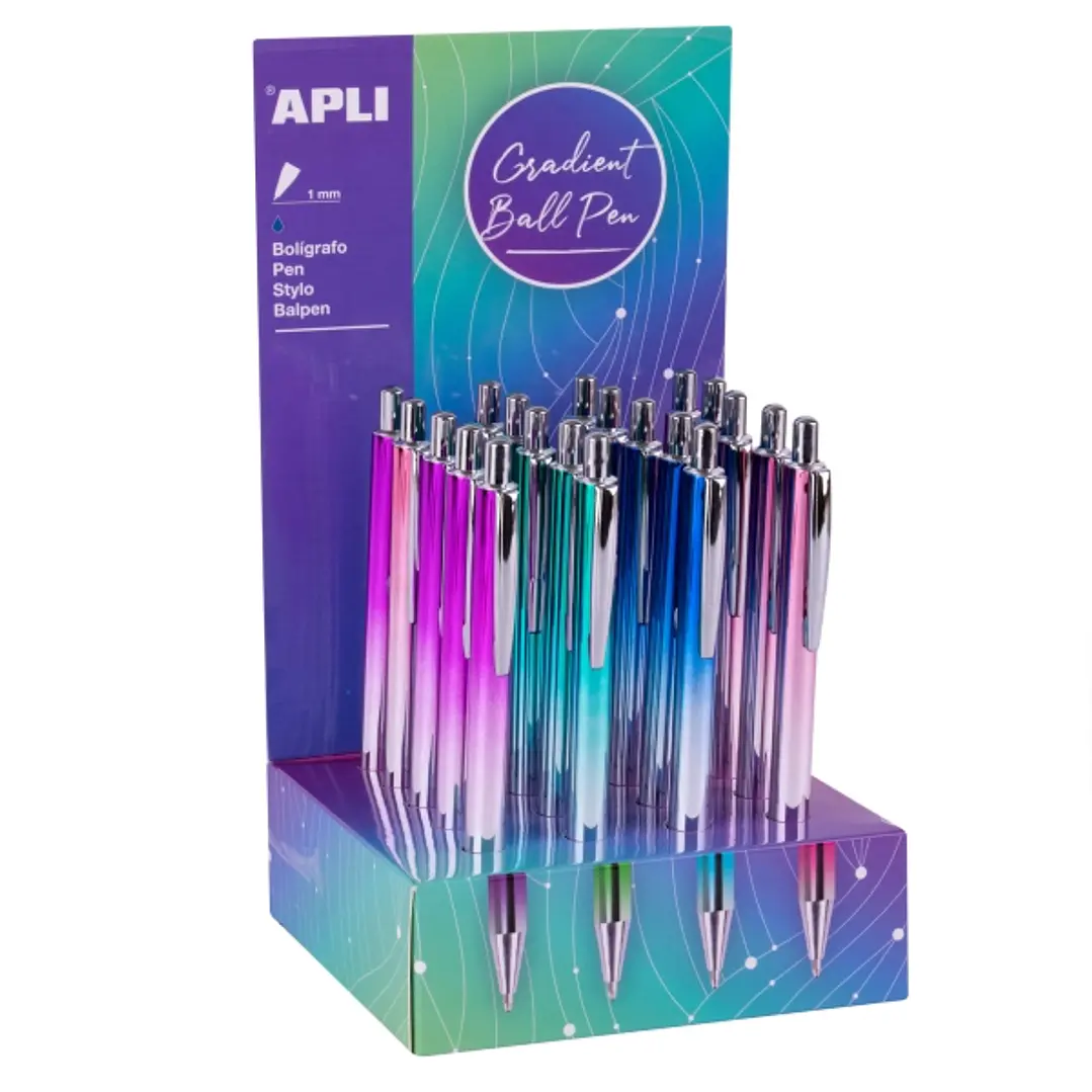 Apli Gradient Expositor con 20 Boligrafos Metalicos Retractiles - Punta de 1mm - Tinta Color Azul - Colores Gradient Surtidos 1