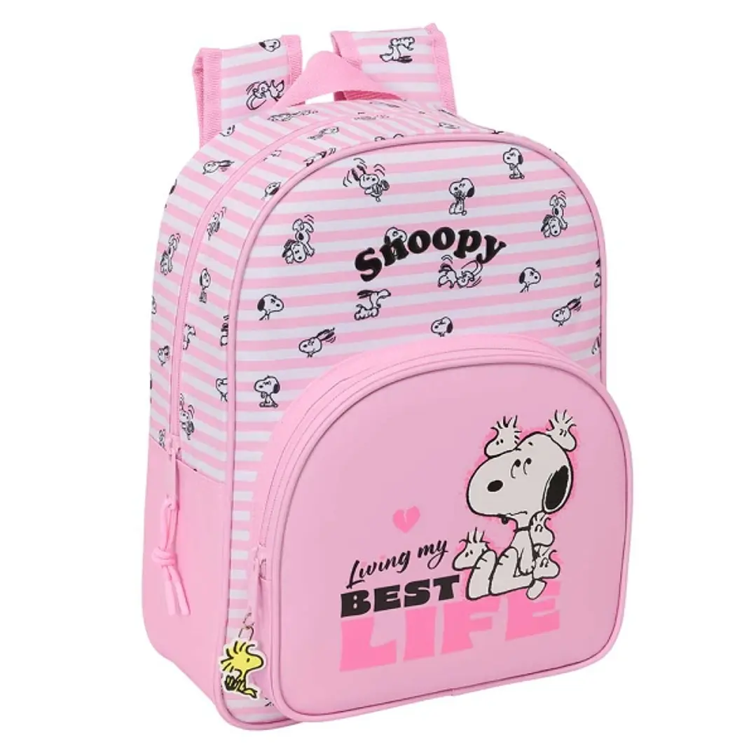 Safta Snoopy Mochila Infantil - Portabotellas - Bolsillo Frontal - Adaptable a Carro - Hombreras Acolchadas - 26x34x11cm - Color Rosa 1