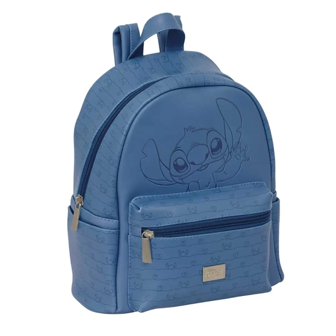 Safta Stitch Blue Mini Mochila - Bolsillo Frontal - Cremalleras con Doble Tirador - Interior Forrado - Hombreras Ajustables - Asa Superior de Mano - 2 1
