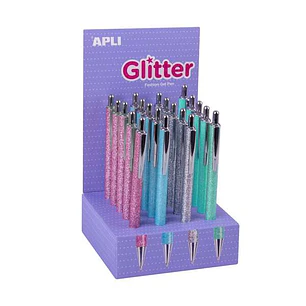 Apli Glitter Expositor de 20 Boligrafos de Metal - Tinta de Aceite - Secado Rapido - Punta 1mm - Colores Surtidos