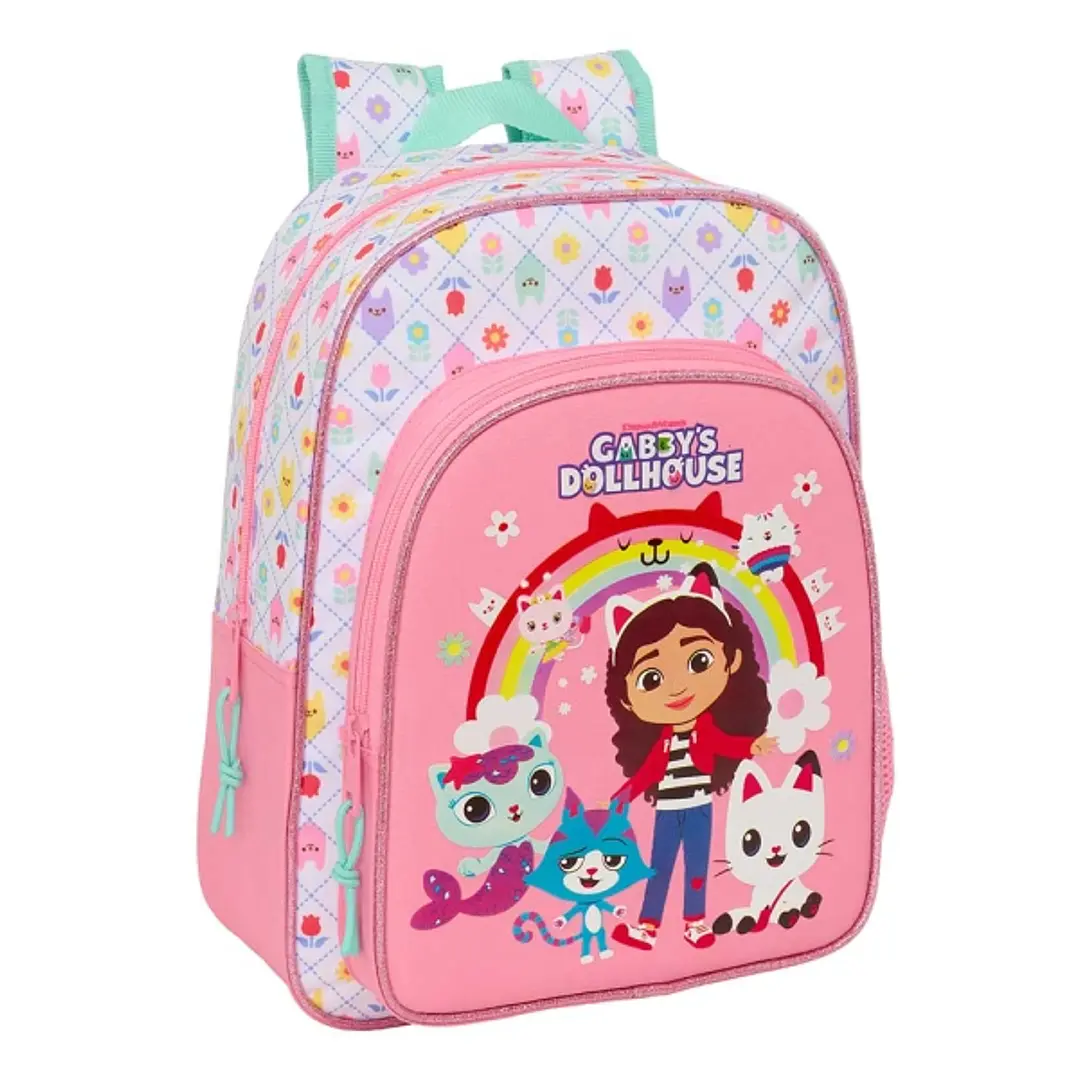 Safta Gabby's Dollhouse Mochila Infantil - Portabotellas - Bolsillo Frontal - Adaptable a Carro - Hombreras Acolchadas - 26x34x11cm - Color Rosa 1