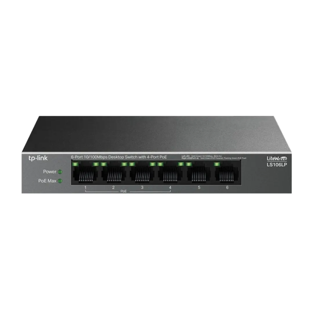 TP-Link LS106LP LiteWave Switch 6 Puertos RJ45 100Mbps - No Administrado - 4x PoE - Recuperacion Automatica - Carcasa Metalica - Color Negro 1