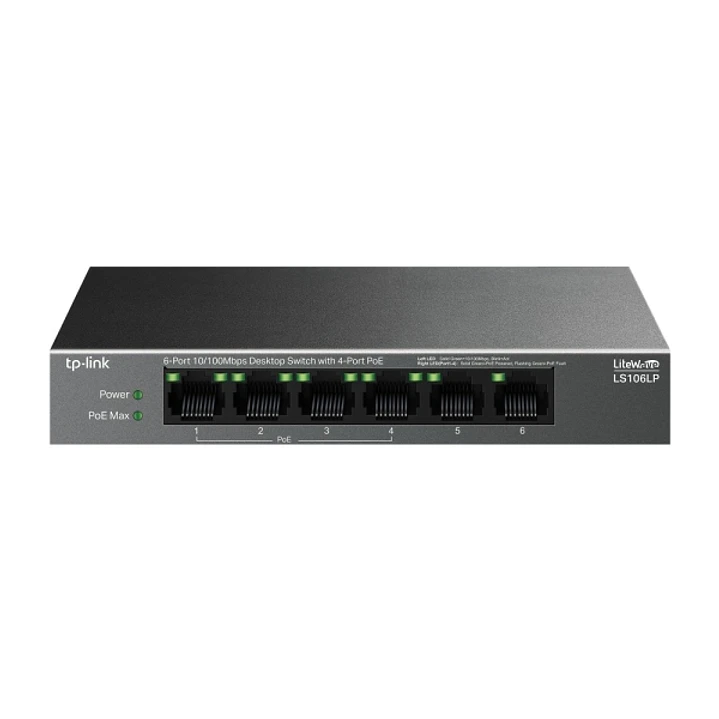 TP-Link LS106LP LiteWave Switch 6 Puertos RJ45 100Mbps - No Administrado - 4x PoE - Recuperacion Automatica - Carcasa Metalica - Color Negro 1