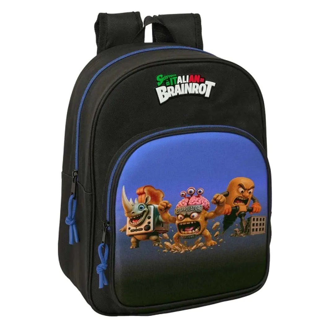 Safta Brainrot Mochila Infantil - Portabotellas - Bolsillo Frontal - Adaptable a Carro - Hombreras Acolchadas - 26x34x11cm - Color Negro y Azul 1