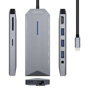 Aisens Dock 9 en 1 Hub USB-C 3.0 con 3x USB-A 3.0, 1x HDMI 1x RJ45, 1x PD 100W, 1x Audio 3.5mm, 1x Lector SD, 1x Lector MicroSD - Carcasa de Aluminio 
