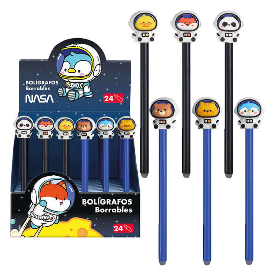 Dohe Expositor de 24 Boligrafos Borrables - Punta Bola Metalica 1mm - Trazo 0.5mm - Capuchon Decorado con Astronautas-Animales - Tinta Azul 1