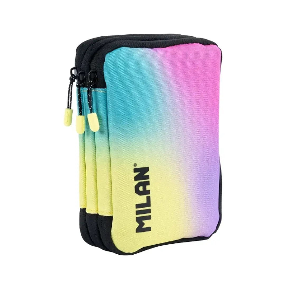 Milan Sunset Plumier de 3 Pisos con Goma de Borrar, Sacapuntas, Lapiz, 3 Boligrafos P1, Regla, 12 Lapices de Colores, 6 Lapices de Colores Metalizados 1