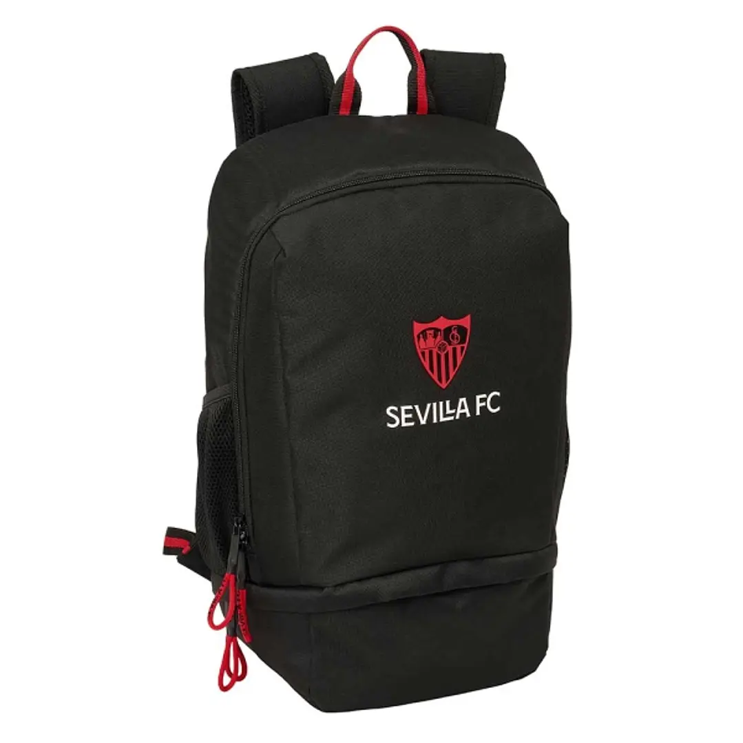 Safta Sevilla FC Mochila Zapatillero - Cremallera con Doble Tirador - Bolsillo Interior - Portabotellas - Asa de Mano - 28x51x19cm - Color Negro 1