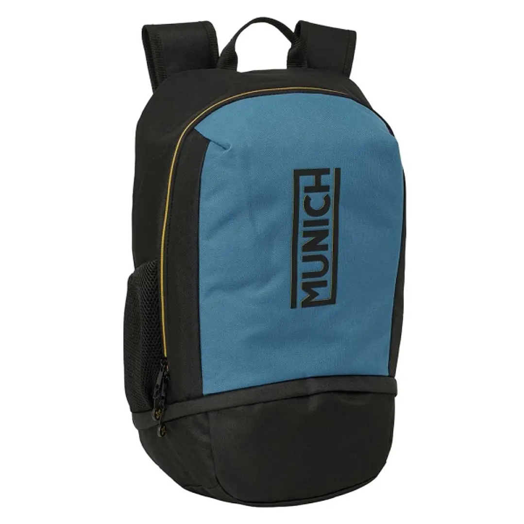 Safta Munich Mochila Zapatillero - Cremallera con Doble Tirador - Bolsillo Interior - Portabotellas - Asa de Mano - 28x51x19cm - Color Negro y Azul 1