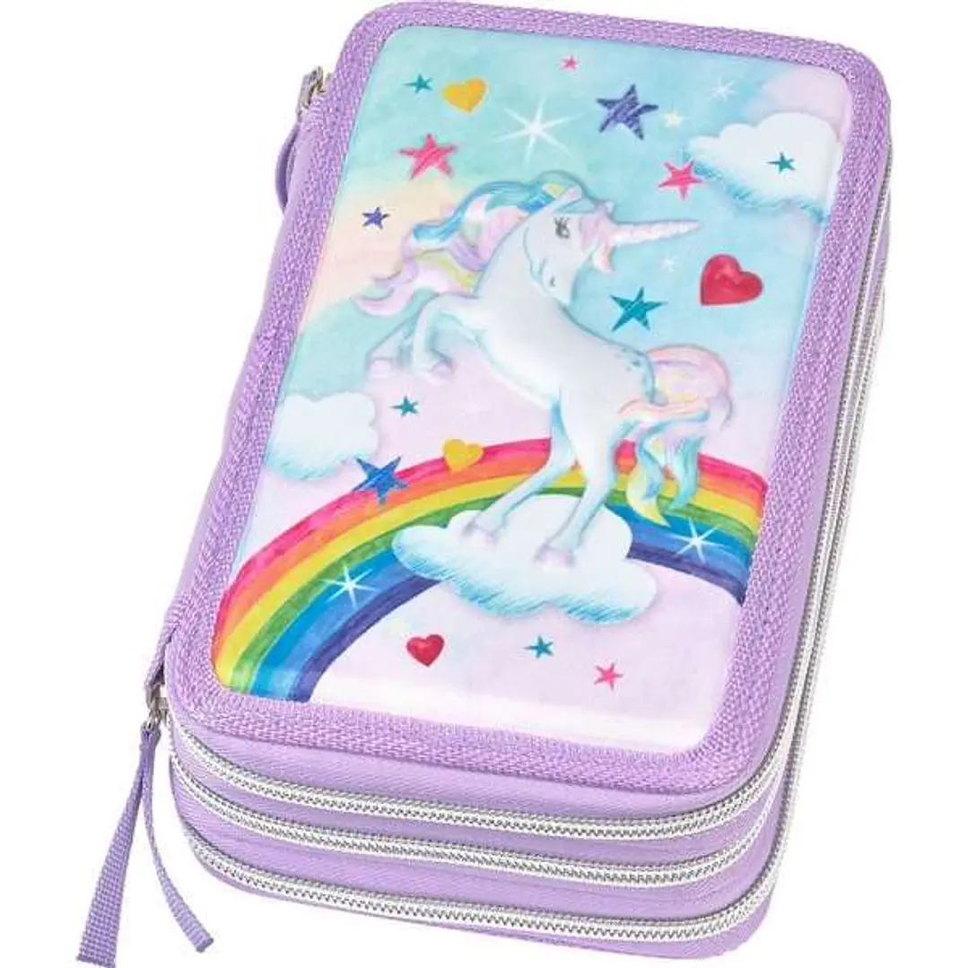 Faber-Castell Diseño Unicornio Estuche de 3 Pisos con Contenido de Serie: Goma de Borrar, 1 Sacapuntas, 1 Lapiz de Grafito HB, 2 Boligrafos (Azul y Ro 1