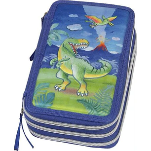 Faber-Castell Diseño Dinosaurio Estuche de 3 Pisos con Contenido de Serie: Goma de Borrar, Sacapuntas, Lapiz de Grafito HB, 2 Boligrafos (Azul y Rojo)