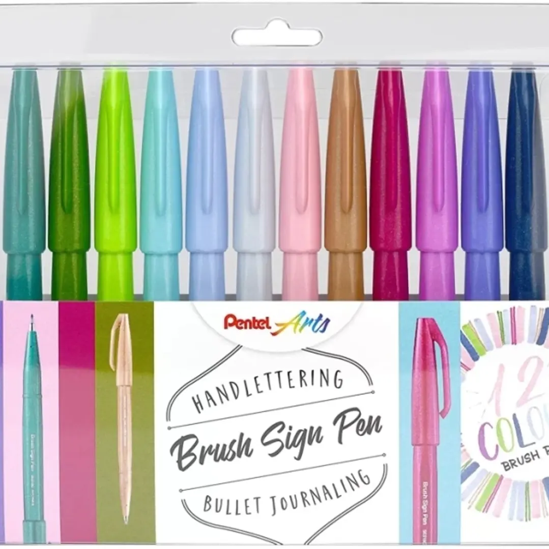 Pentel Brush Sing Pen Pack de 12 Rotuladores con Punta de Pincel - Lineas Finas o Gruesas dependiendo de la Presion - Fabricados con 81% de Plasticos  1