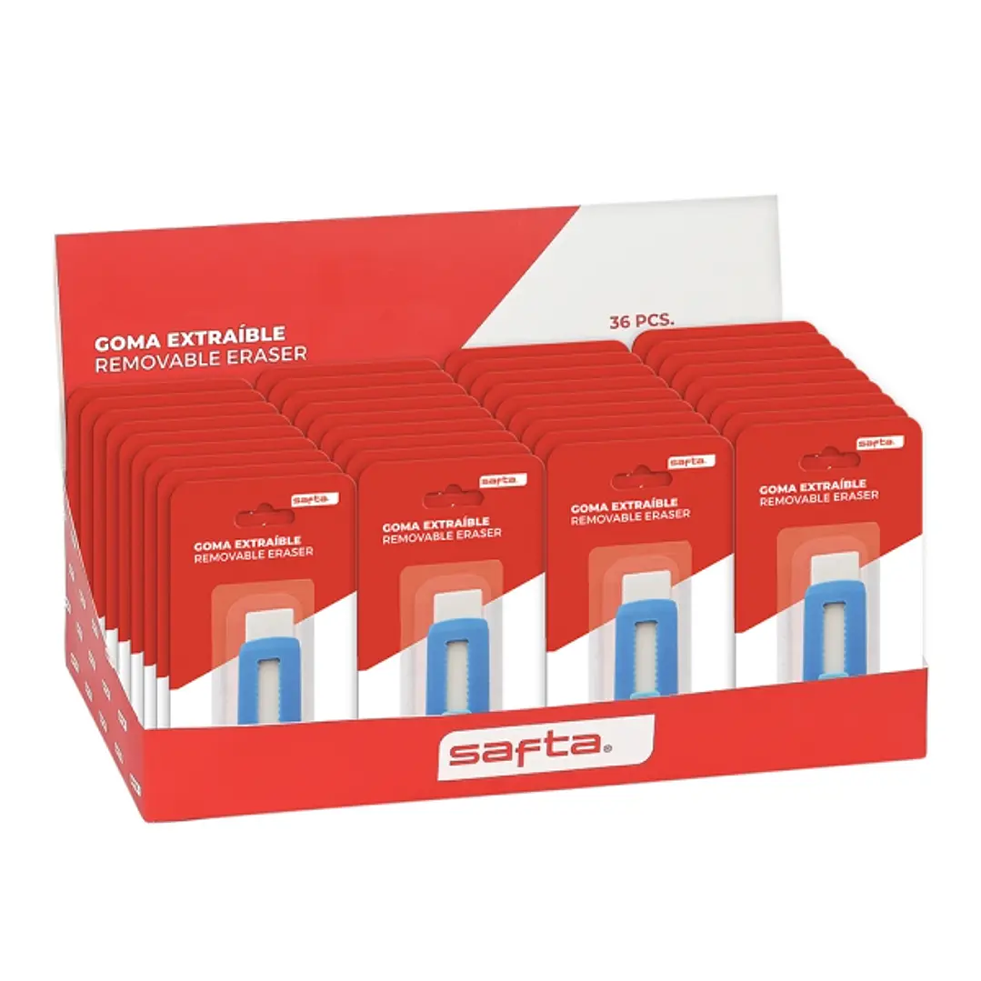 Safta Expositor con 36 Gomas Extraibles - Ergonomico - Estilo Cutter - Color Azul y Blanco 1
