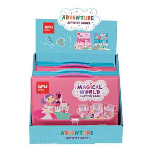 Apli Expositor Activity Books de 6 Unidades - 2 Tematicas: el Mundo Magico y Piratas - 3 Libros con Hojas Plastificadas y Actividades Variadas - Rotul
