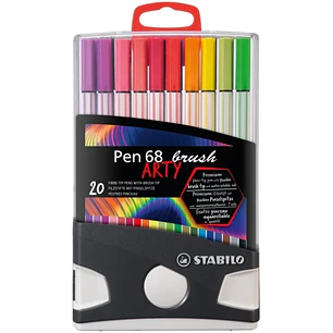 Stabilo Pen 68 Brush Arty Caja de Plastico Rigida con 30 Rotuladores - Punta de Pincel - Tinta a Base de Agua - Colores Surtidos