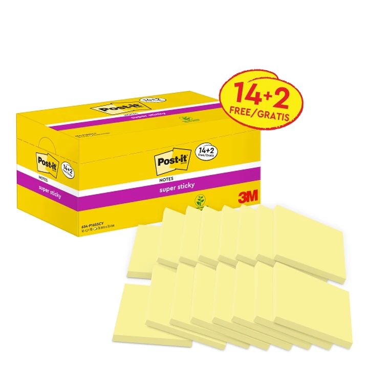 Post-It Super Sticky Pack de 16 Blocs de 90 Notas Adhesivas Reposicionables - Forma Cuadrada - 76x76mm - Color Amarillo Claro 1