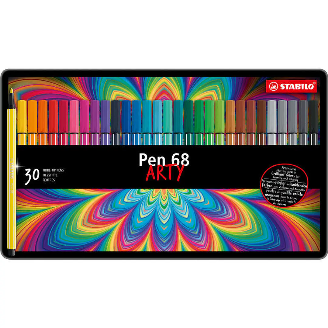 Stabilo Pen 68 Arty Caja Metalica de 30 Rotuladores - Punta de Fibra - Trazo de 1mm aprox. - Tinta a Base de Agua - Capuchon Ventilado - Colores Surti 1