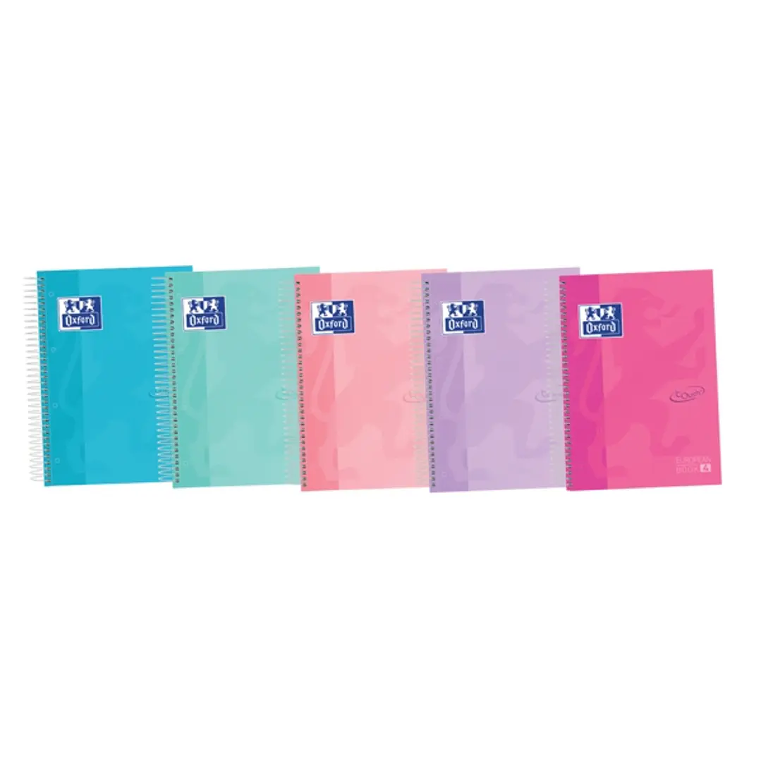 Oxford School Touch A5+ Europeanbook Libreta Espiral 120 Hojas Cuadricula 5x5 con Bandas de Color - Tapa Extradura con Tacto Suave - Colores Pastel Su 1