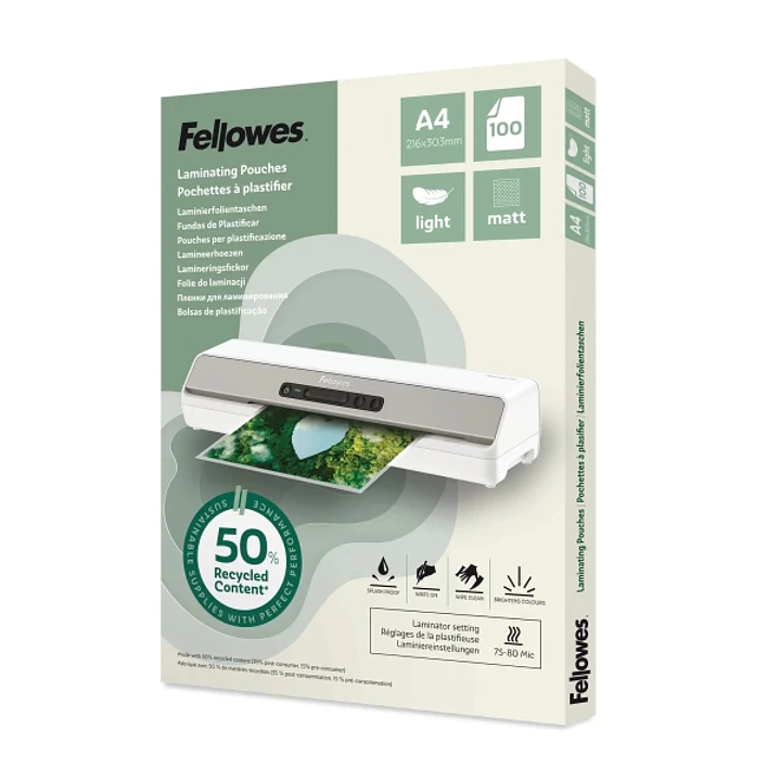 Fellowes Pack de 100 Fundas para Plastificar - Formato A4 - 80 micras - Efecto Mate - Fabricado con 50% Material Reciclado - Transparente 1