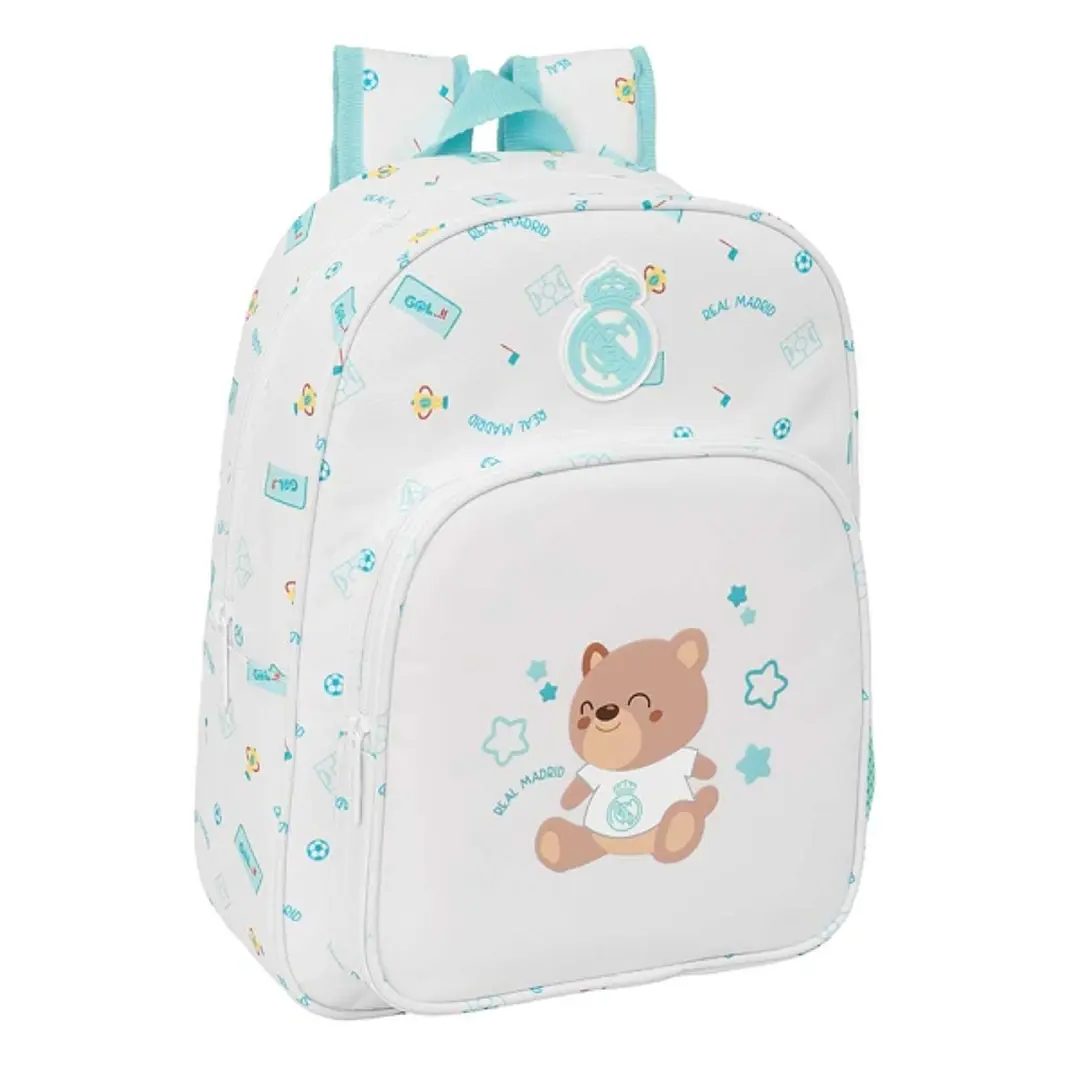 Safta Real Madrid Preescolar Mochila Infantil - Portabotellas - Bolsillo Frontal - Adaptable a Carro - Hombreras Acolchadas - 26x34x11cm - Color Blanc 1