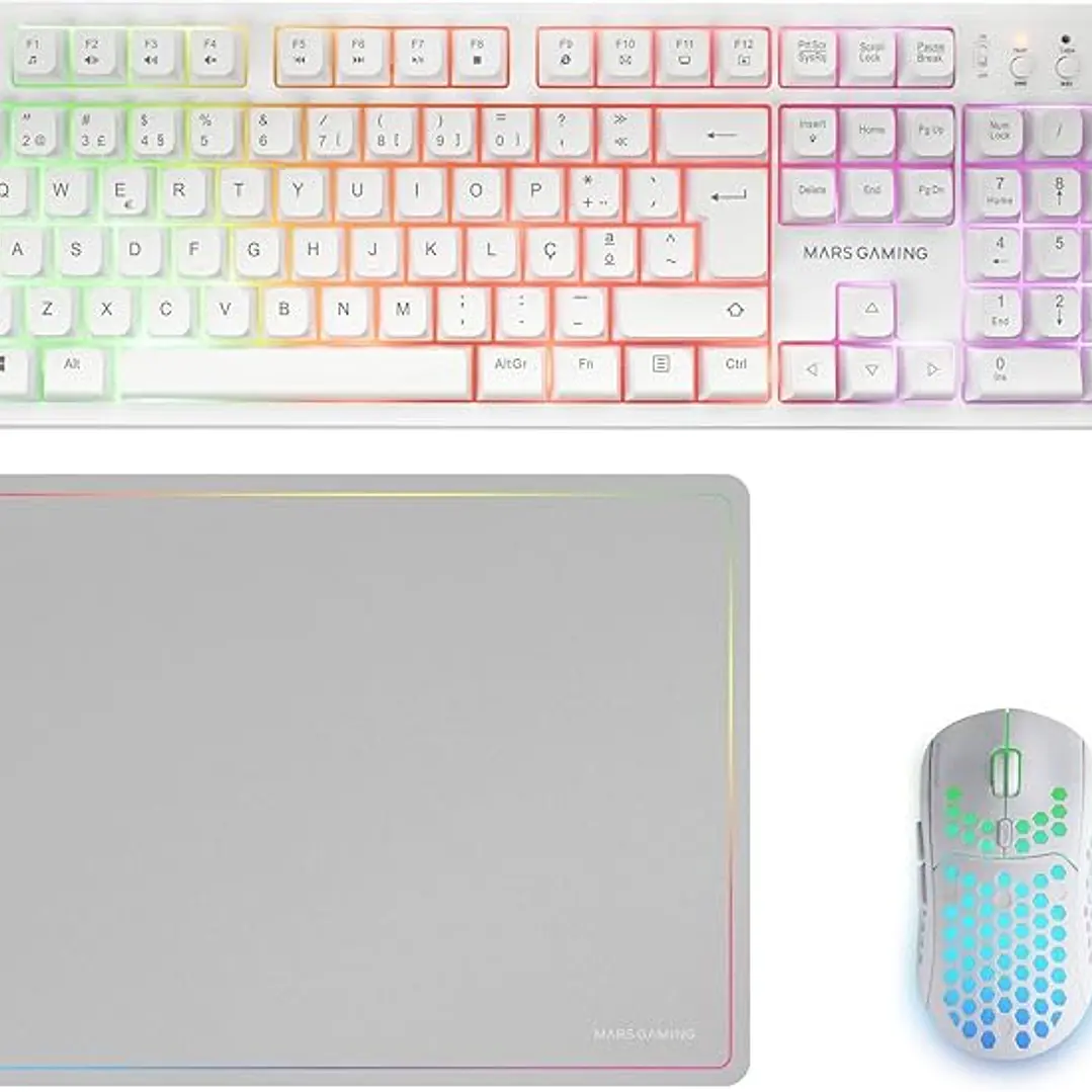 Mars Gaming MCPWX Combo Pack Gaming 3en1 - Teclado Hibrido H-Mech - Disposicion Portuguesa QWERTY PT - Raton 3200dpi - Switches HUANO - Color Blanco 1