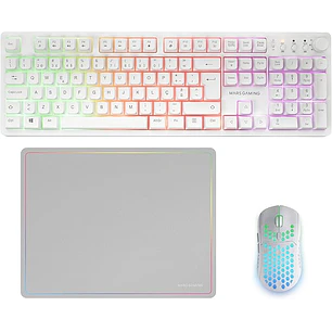 Mars Gaming MCPWX Combo Pack Gaming 3en1 - Teclado Hibrido H-Mech - Disposicion Italiana QWERTY IT - Raton 3200dpi - Switches HUANO - Color Blanco