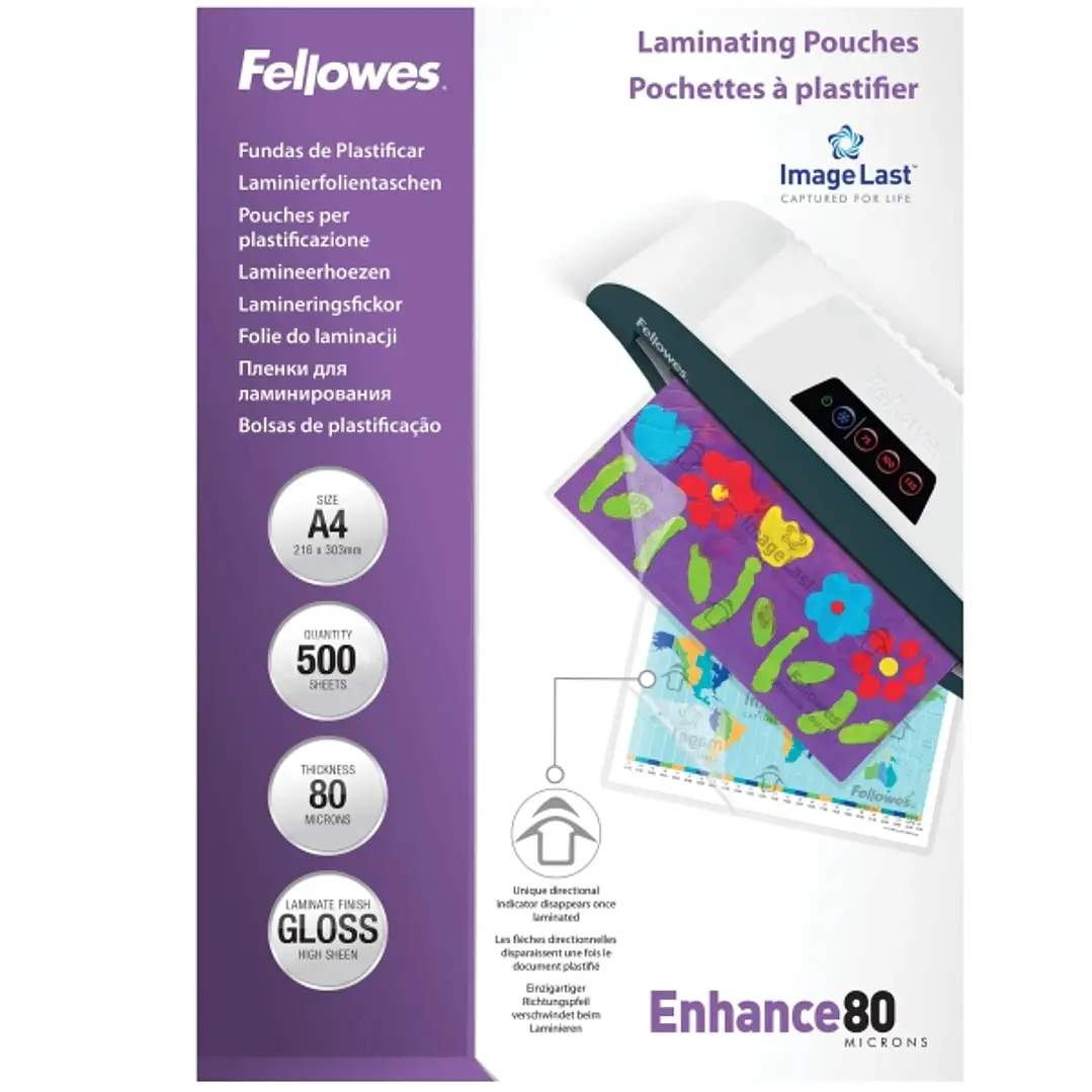 Fellowes Imagelast Pack de 500 Fundas para Plastificar - Formato A4 - Efecto Brillo - 80 micras - Flechas Indicadoras de Direccion - Transparente 1