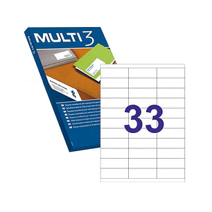 Multi3 Pack de 16.500 Etiquetas Rectangulares 70x25.4mm - 500 Hojas por 33 Etiquetas - Adhesivo Permanente - Cantos Rectos - Color Blanco