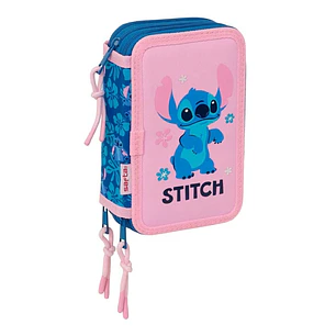 Safta Stitch Lio Plumier de 3 Pisos - 37 Piezas - Goma - Lapiz - 2 Boligrafos - Sacapuntas - 2 Reglas - 16 Colores - 14 Rotuladores - 12.5x19.5x5.5cm 