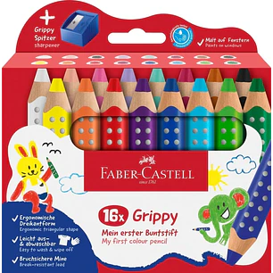 Faber-Castell Grippy Pack con 16 Lapices de Colores Gruesos Mina XXL Suave + Sacapuntas - Forma Triangular con Grip - Colores Surtidos