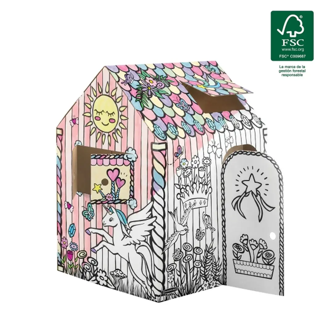 Fellowes Unicornio Casa XL para Pintar - Carton Corrugado FSC - Puertas y Ventanas Interactivas - Bordes Redondeados - Montaje sin Adhesivos - 81.3x81 1