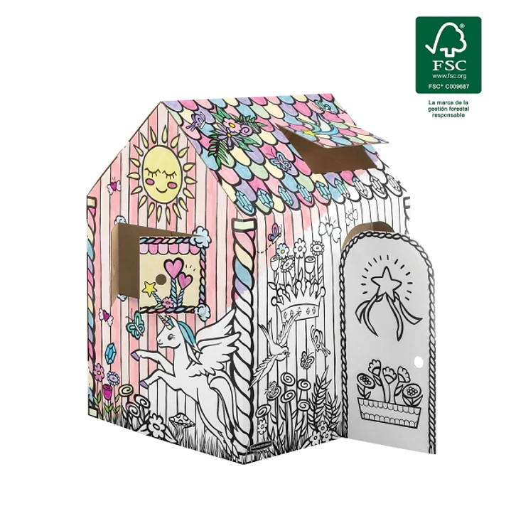 Fellowes Unicornio Casa XL para Pintar - Carton Corrugado FSC - Puertas y Ventanas Interactivas - Bordes Redondeados - Montaje sin Adhesivos - 81.3x81 1